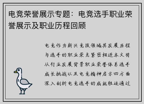 电竞荣誉展示专题：电竞选手职业荣誉展示及职业历程回顾
