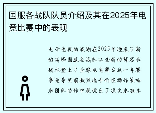 国服各战队队员介绍及其在2025年电竞比赛中的表现