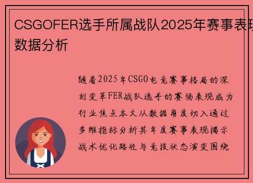 CSGOFER选手所属战队2025年赛事表现数据分析