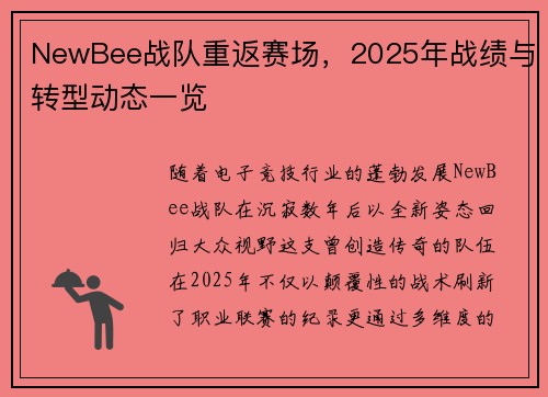 NewBee战队重返赛场，2025年战绩与转型动态一览